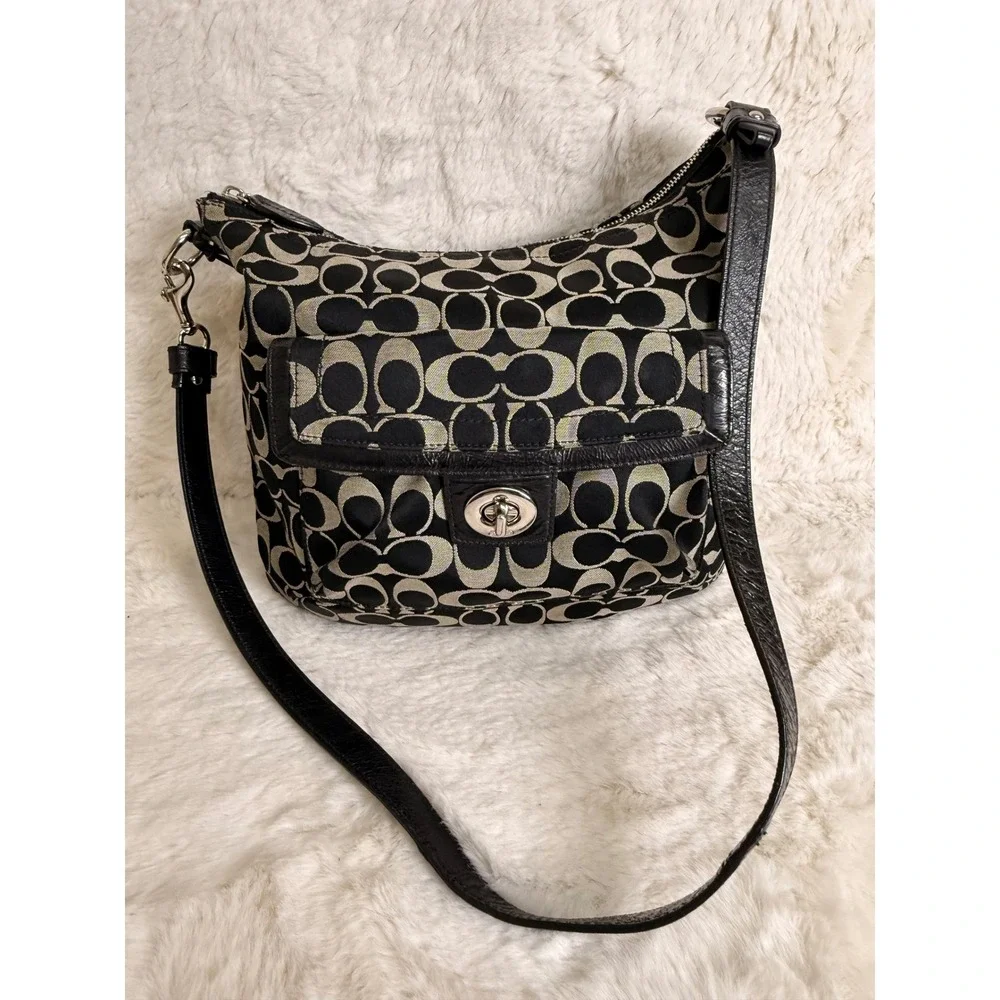 Coach Signature Jacquard Black Grey Hobo Adjustable Crossbody Bag F19232